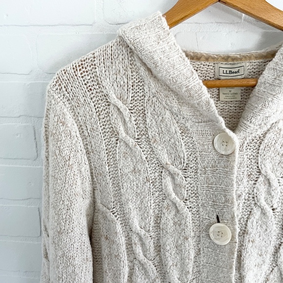 L.L. Bean Women's Hooded Cable Knit Cardigan - Beige - Picture 9 of 15